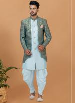 Jacquard Silk  Sky Blue Wedding Wear Embroidery Work Readymade Mens Indo Western